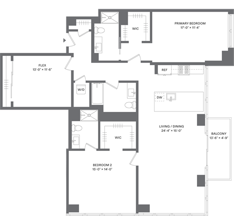 Floor plan for 2 beds, 3 baths, 1640 sqft